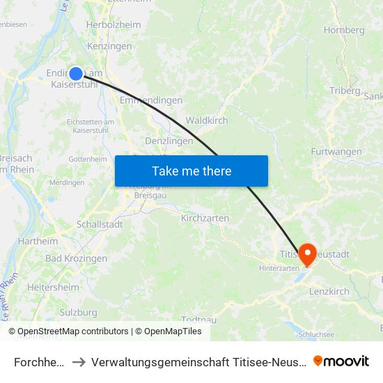 Forchheim to Verwaltungsgemeinschaft Titisee-Neustadt map