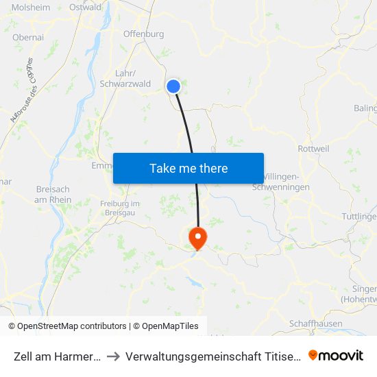 Zell am Harmersbach to Verwaltungsgemeinschaft Titisee-Neustadt map