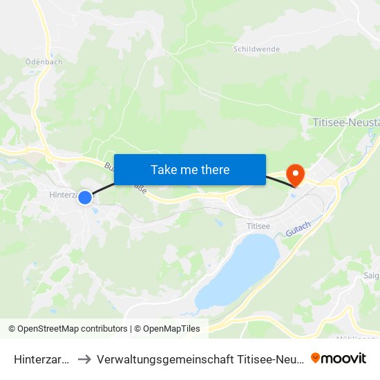 Hinterzarten to Verwaltungsgemeinschaft Titisee-Neustadt map