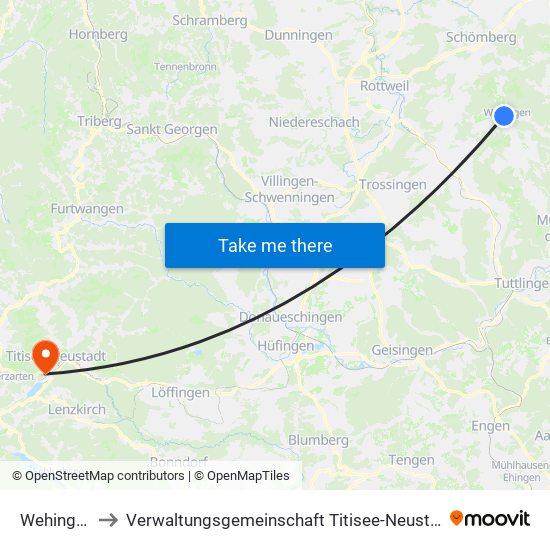 Wehingen to Verwaltungsgemeinschaft Titisee-Neustadt map