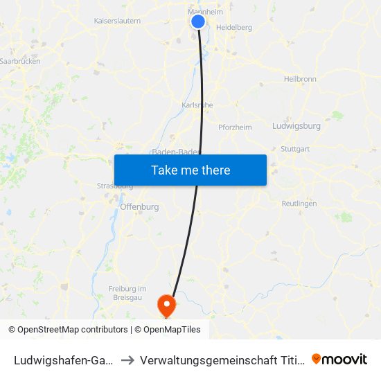 Ludwigshafen-Gartenstadt to Verwaltungsgemeinschaft Titisee-Neustadt map