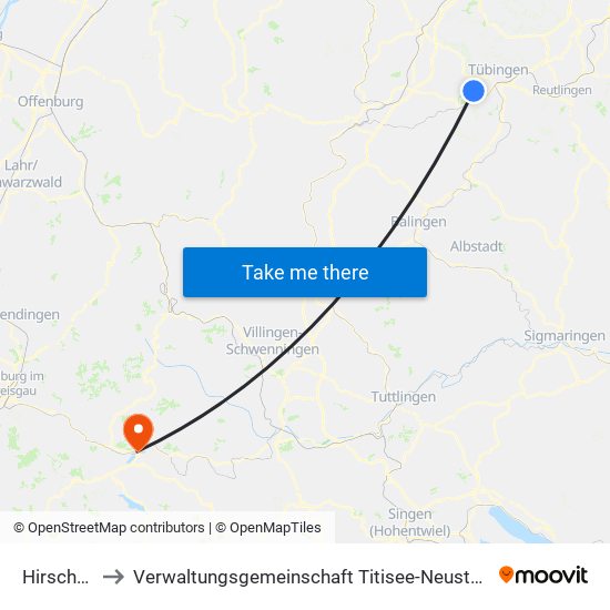 Hirschau to Verwaltungsgemeinschaft Titisee-Neustadt map