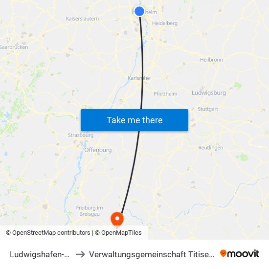 Ludwigshafen-Oppau to Verwaltungsgemeinschaft Titisee-Neustadt map