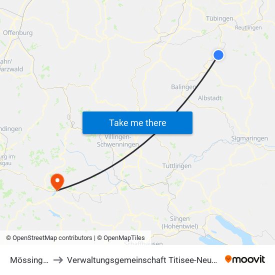 Mössingen to Verwaltungsgemeinschaft Titisee-Neustadt map