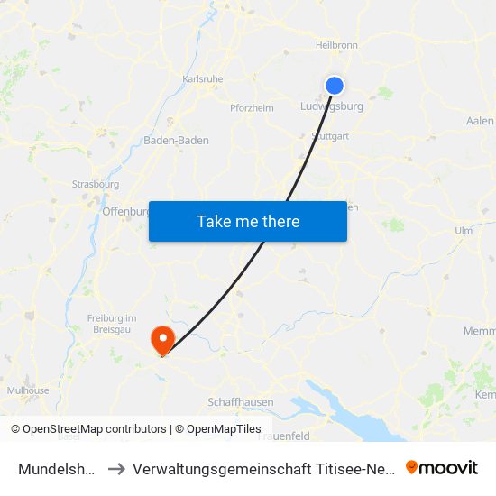 Mundelsheim to Verwaltungsgemeinschaft Titisee-Neustadt map