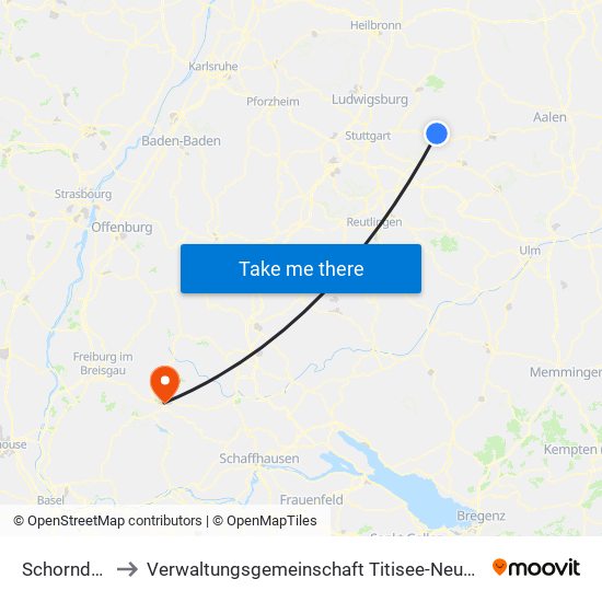 Schorndorf to Verwaltungsgemeinschaft Titisee-Neustadt map