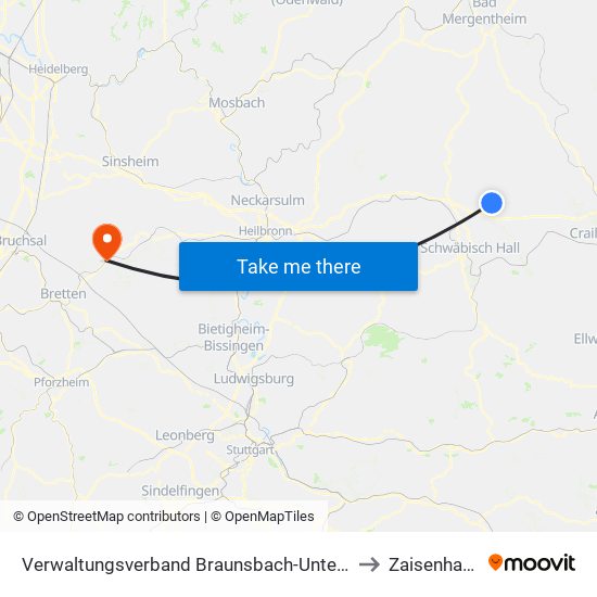 Verwaltungsverband Braunsbach-Untermünkheim to Zaisenhausen map