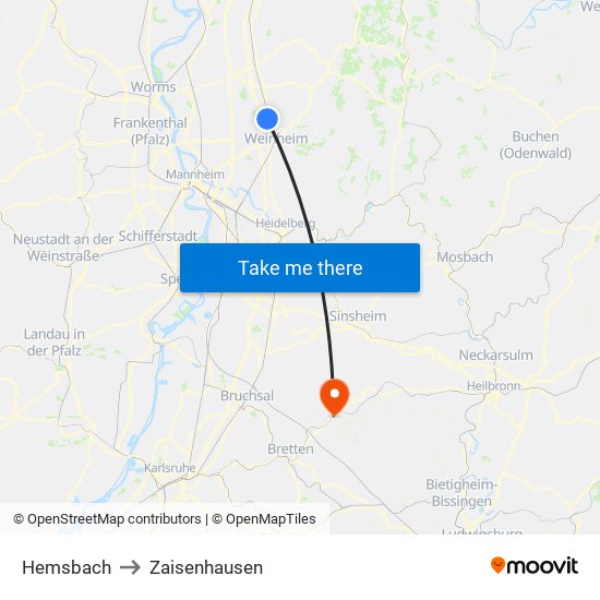 Hemsbach to Zaisenhausen map