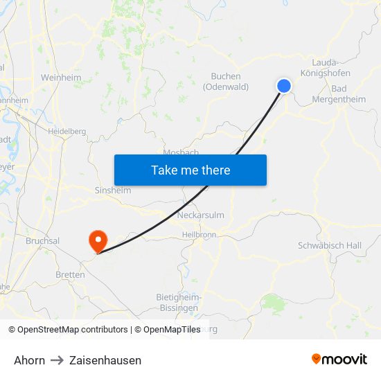 Ahorn to Zaisenhausen map