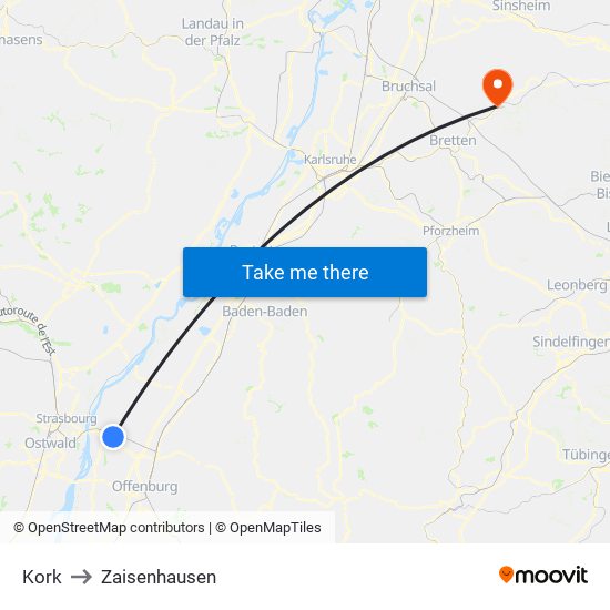 Kork to Zaisenhausen map