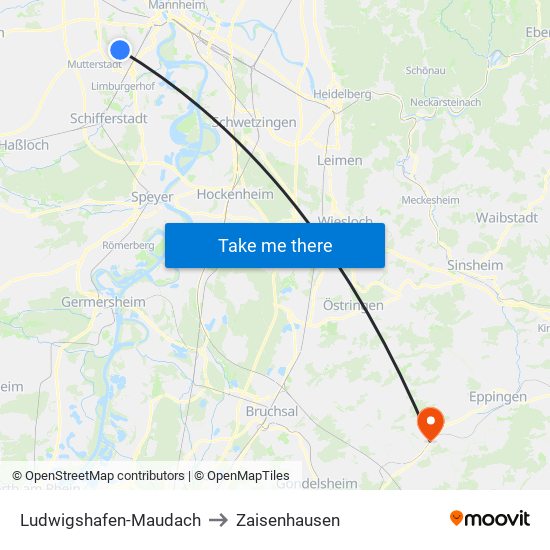 Ludwigshafen-Maudach to Zaisenhausen map
