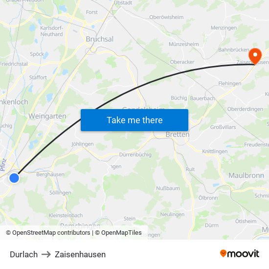 Durlach to Zaisenhausen map