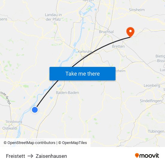 Freistett to Zaisenhausen map