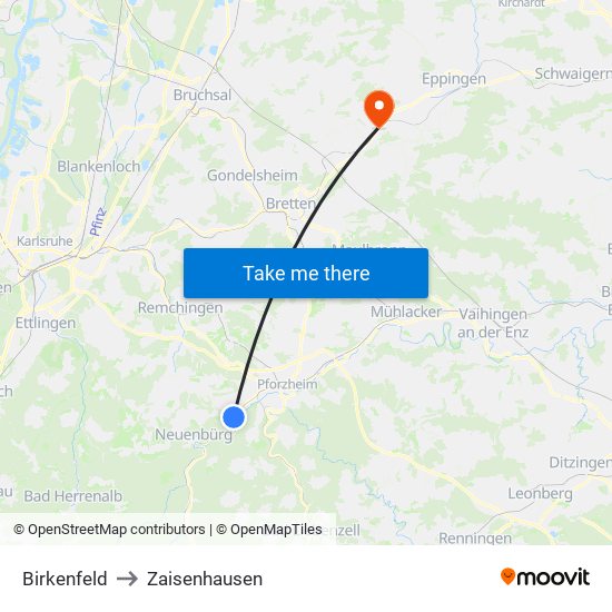 Birkenfeld to Zaisenhausen map