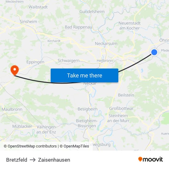 Bretzfeld to Zaisenhausen map