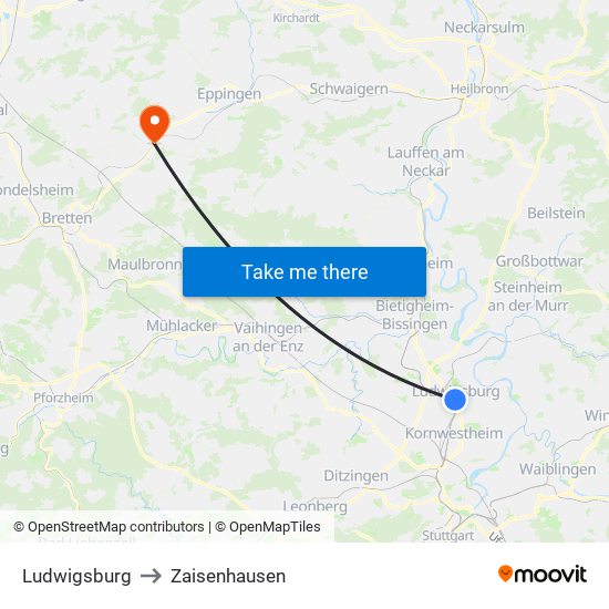 Ludwigsburg to Zaisenhausen map