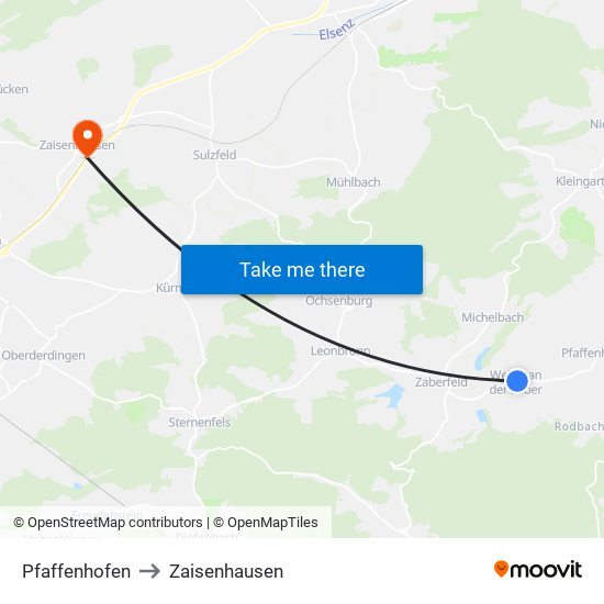 Pfaffenhofen to Zaisenhausen map