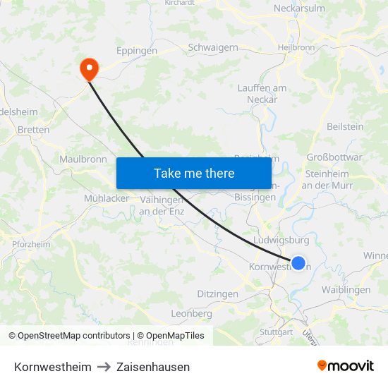 Kornwestheim to Zaisenhausen map