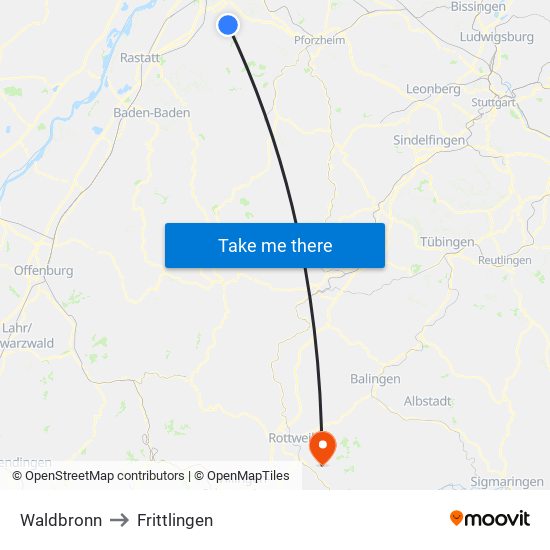 Waldbronn to Frittlingen map