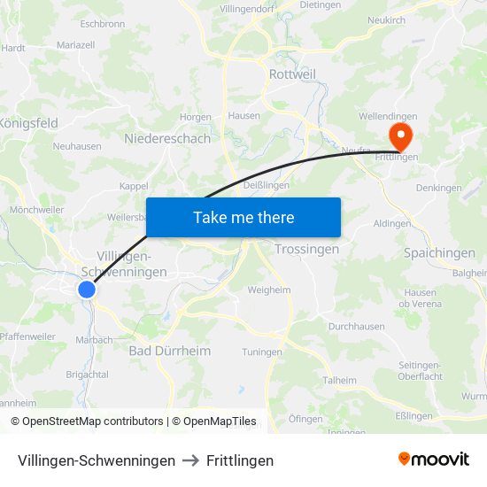 Villingen-Schwenningen to Frittlingen map