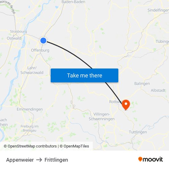 Appenweier to Frittlingen map