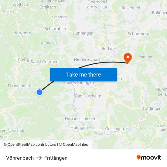 Vöhrenbach to Frittlingen map