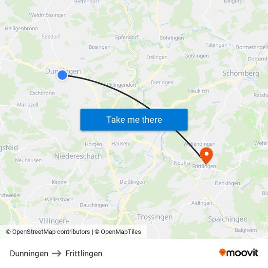 Dunningen to Frittlingen map