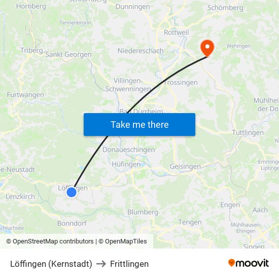 Löffingen (Kernstadt) to Frittlingen map