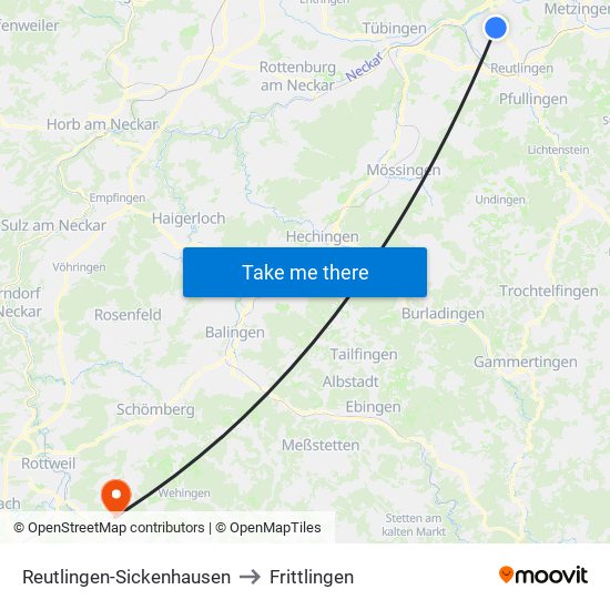 Reutlingen-Sickenhausen to Frittlingen map