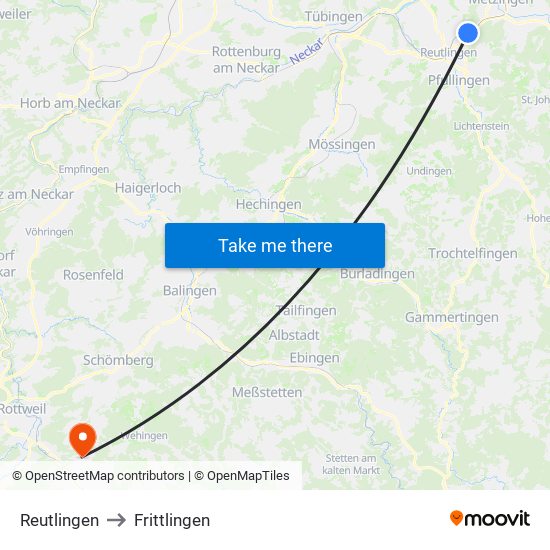 Reutlingen to Frittlingen map