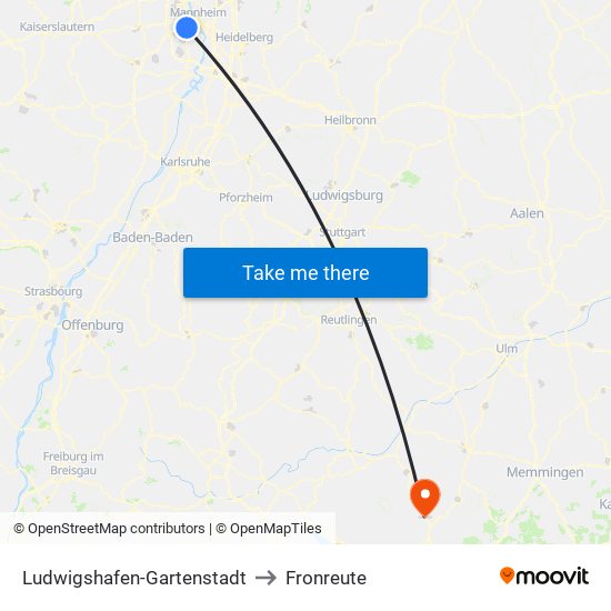 Ludwigshafen-Gartenstadt to Fronreute map