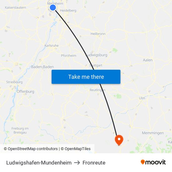 Ludwigshafen-Mundenheim to Fronreute map