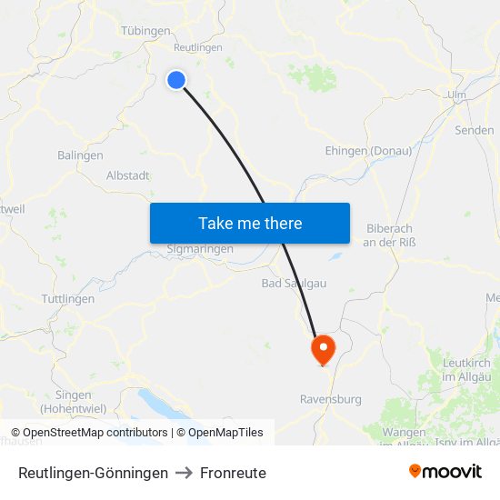 Reutlingen-Gönningen to Fronreute map