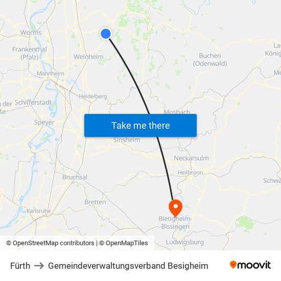 Fürth to Gemeindeverwaltungsverband Besigheim map