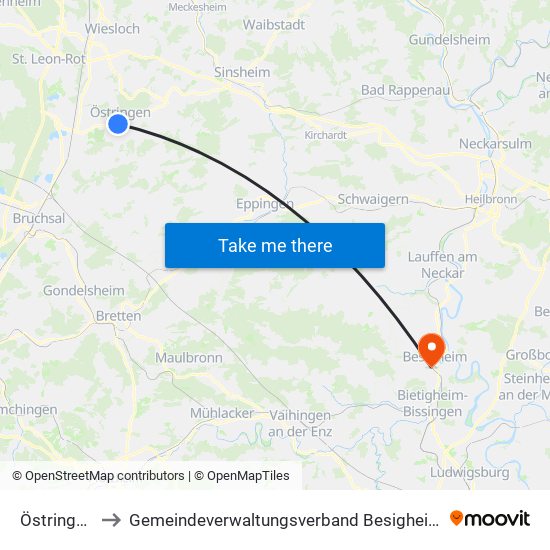 Östringen to Gemeindeverwaltungsverband Besigheim map