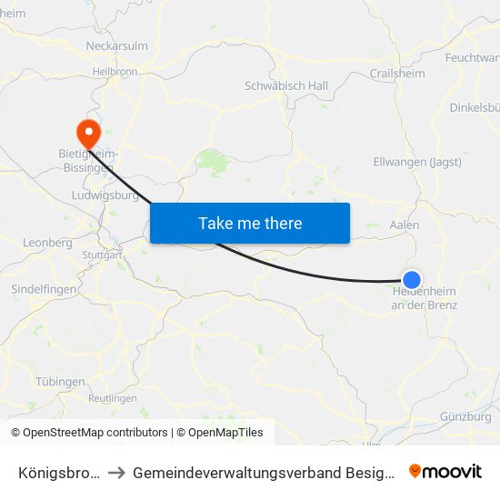 Königsbronn to Gemeindeverwaltungsverband Besigheim map