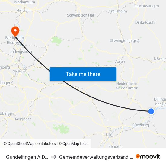 Gundelfingen A.D.Donau to Gemeindeverwaltungsverband Besigheim map