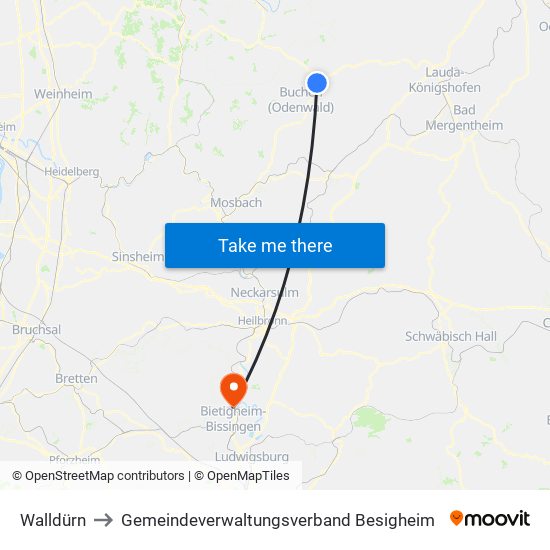 Walldürn to Gemeindeverwaltungsverband Besigheim map