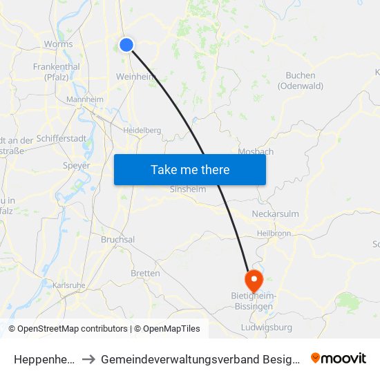 Heppenheim to Gemeindeverwaltungsverband Besigheim map