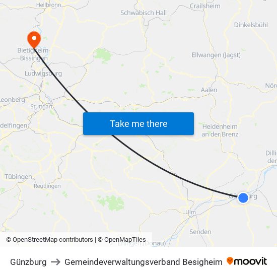 Günzburg to Gemeindeverwaltungsverband Besigheim map