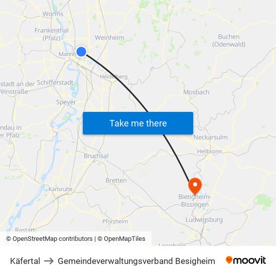 Käfertal to Gemeindeverwaltungsverband Besigheim map