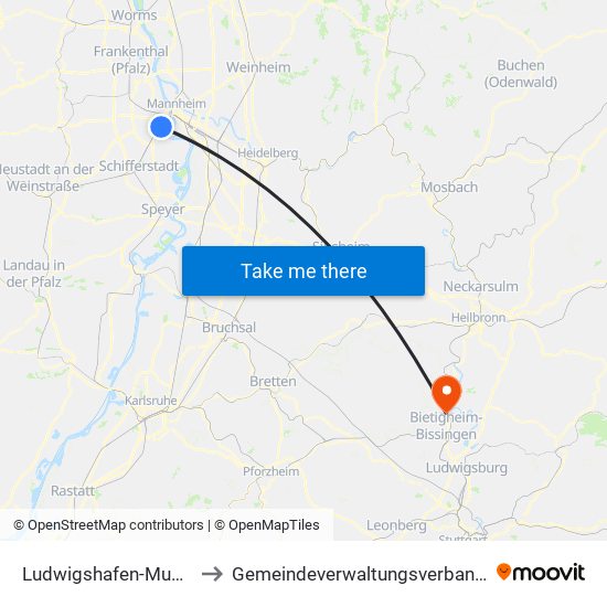 Ludwigshafen-Mundenheim to Gemeindeverwaltungsverband Besigheim map