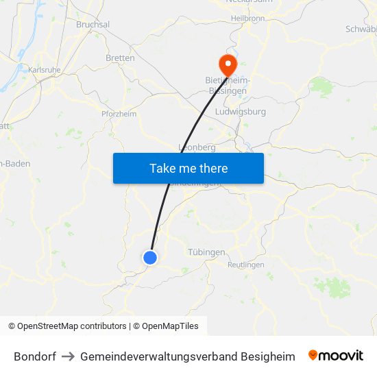 Bondorf to Gemeindeverwaltungsverband Besigheim map