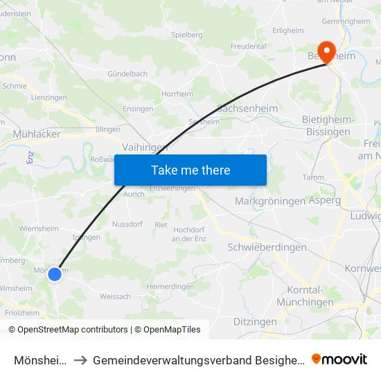 Mönsheim to Gemeindeverwaltungsverband Besigheim map