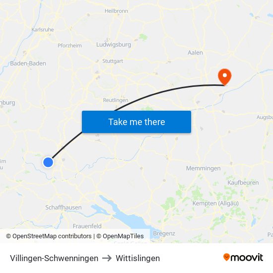 Villingen-Schwenningen to Wittislingen map