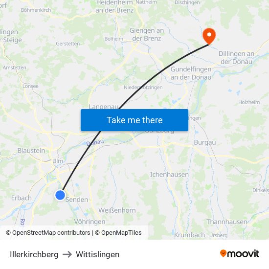 Illerkirchberg to Wittislingen map