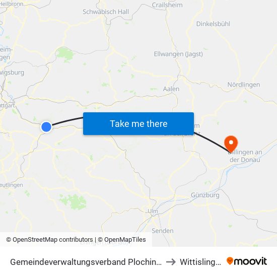 Gemeindeverwaltungsverband Plochingen to Wittislingen map