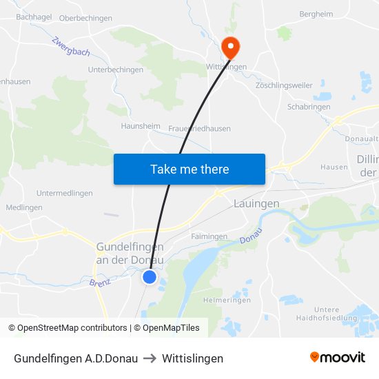 Gundelfingen A.D.Donau to Wittislingen map