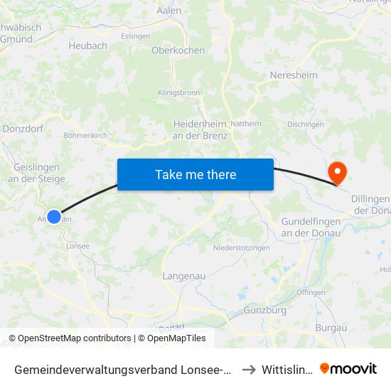 Gemeindeverwaltungsverband Lonsee-Amstetten to Wittislingen map