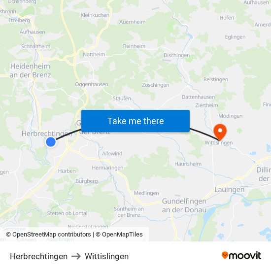 Herbrechtingen to Wittislingen map